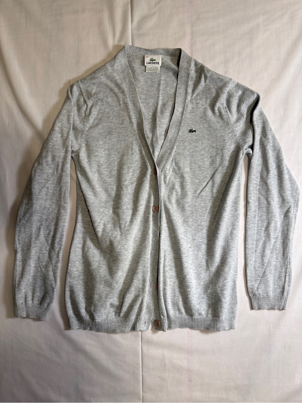 Lacoste Women's Heather Gray 100% Cotton V-Neck Cardigan Sweater FR 44 US L/XL